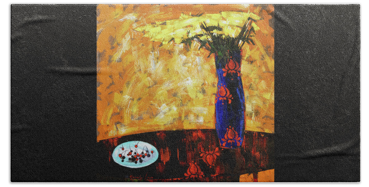 Still-life Beach Towel featuring the painting Still life. Cherries for the queen by Anastasija Kraineva