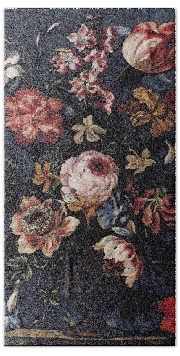 Mario Nuzzi Beach Towel featuring the painting Still Life of Flowers in an Urn by Mario Nuzzi