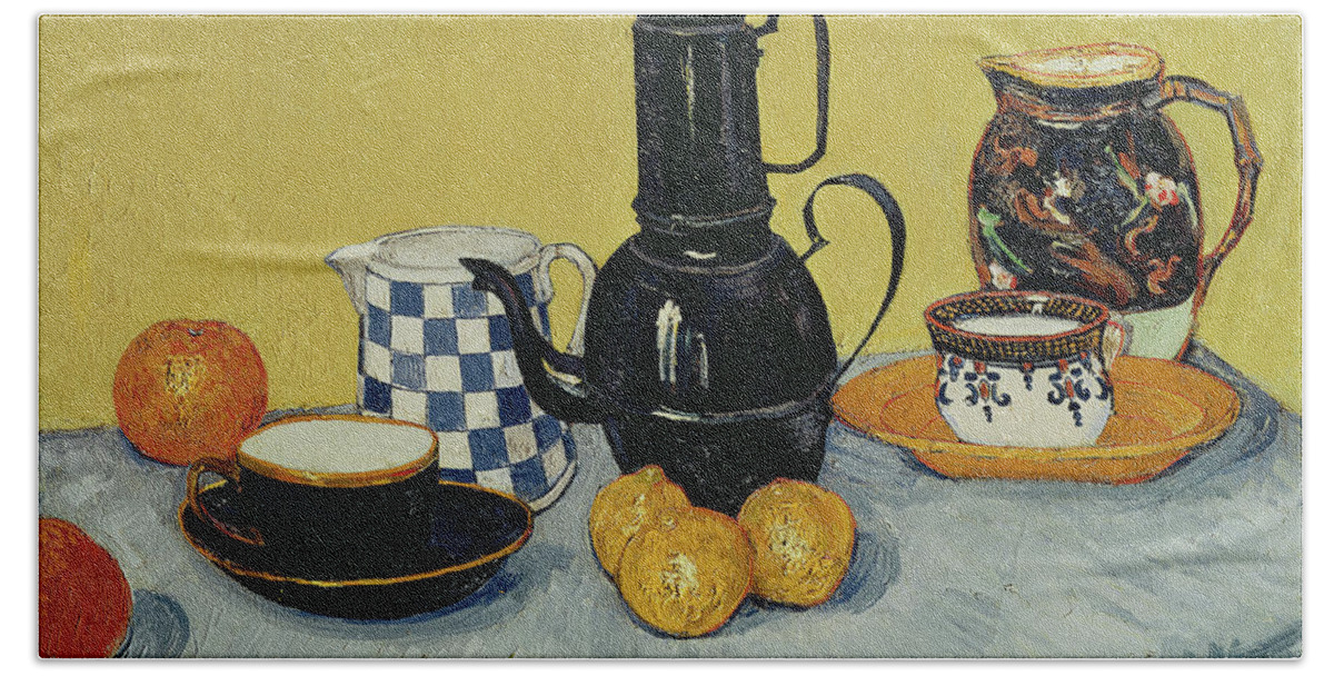 Still Life With Blue Enamel Coffeepot Beach Towel featuring the painting Still Life with Blue Enamel Coffeepot, Earthenware and Fruit, 1888 by Vincent Van Gogh