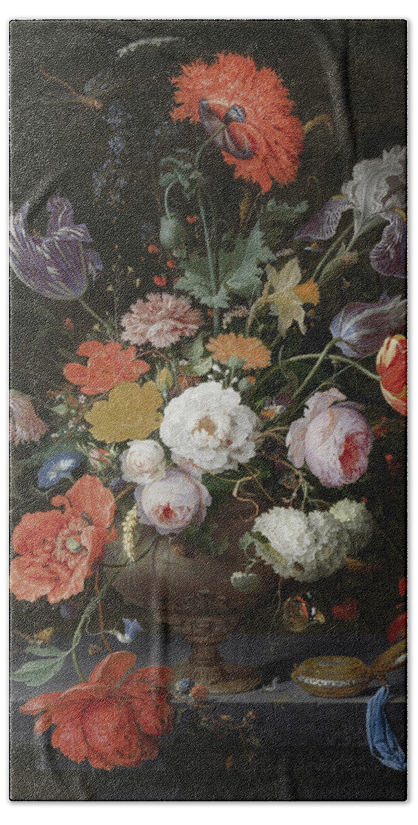 Old Masters Beach Towel featuring the painting Still Life with Flowers and a Watch by Abraham Mignon
