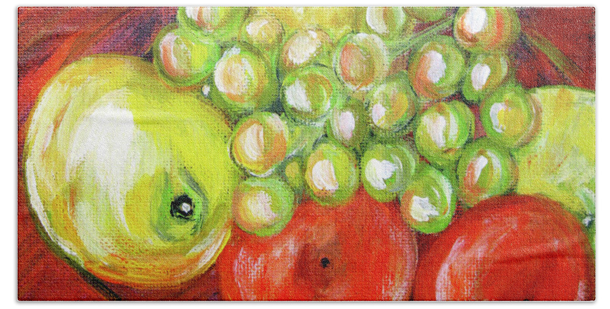 Original Small Acrylic 5 X 7 Inches Acrylic Painting On Panel Beach Towel featuring the painting Still Life with Fruit. Painting by Oksana Semenchenko