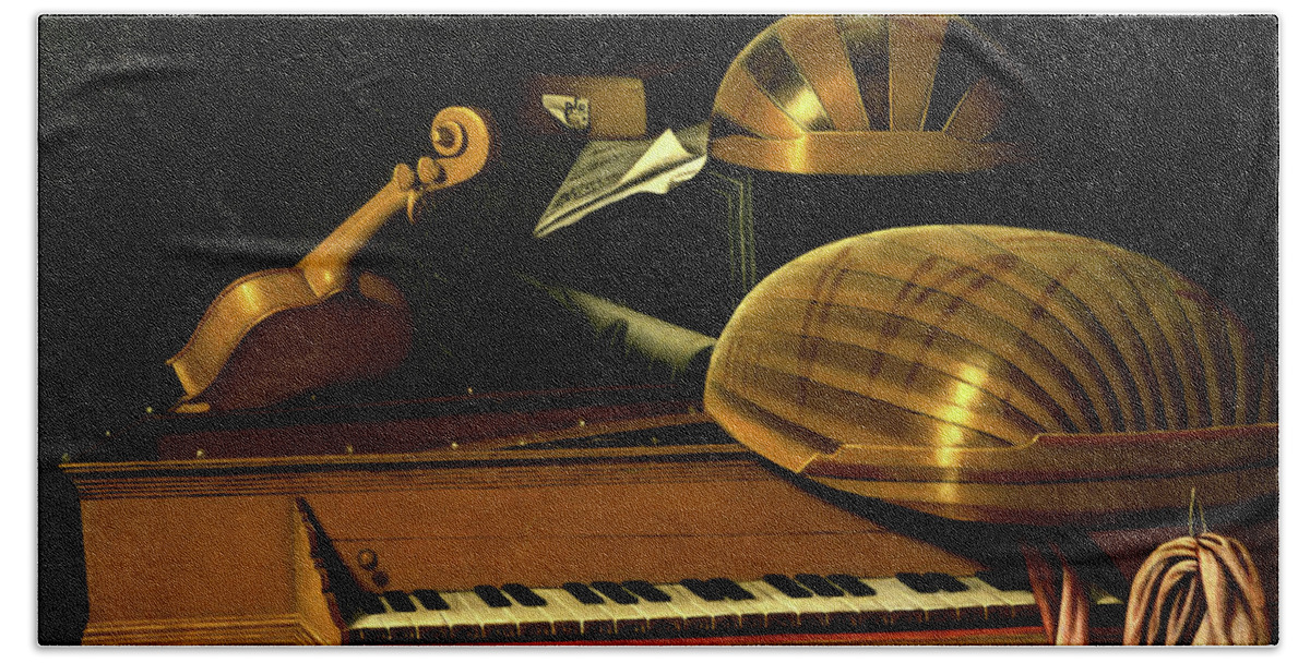 Still Life Beach Towel featuring the painting Still Life with Musical Instruments and Books by Bartholomeo Bettera