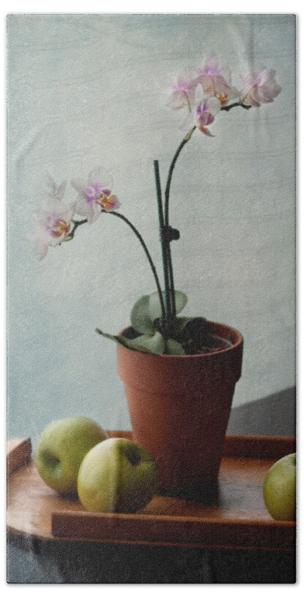 Still Life Beach Towel featuring the photograph Still Life with Orchids and Green Apples by Maggie Terlecki