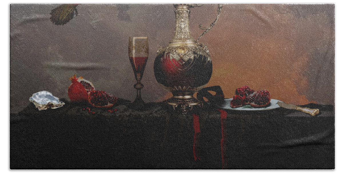 Red Beach Towel featuring the photograph Still life with pomegranate by Alexa Szlavics