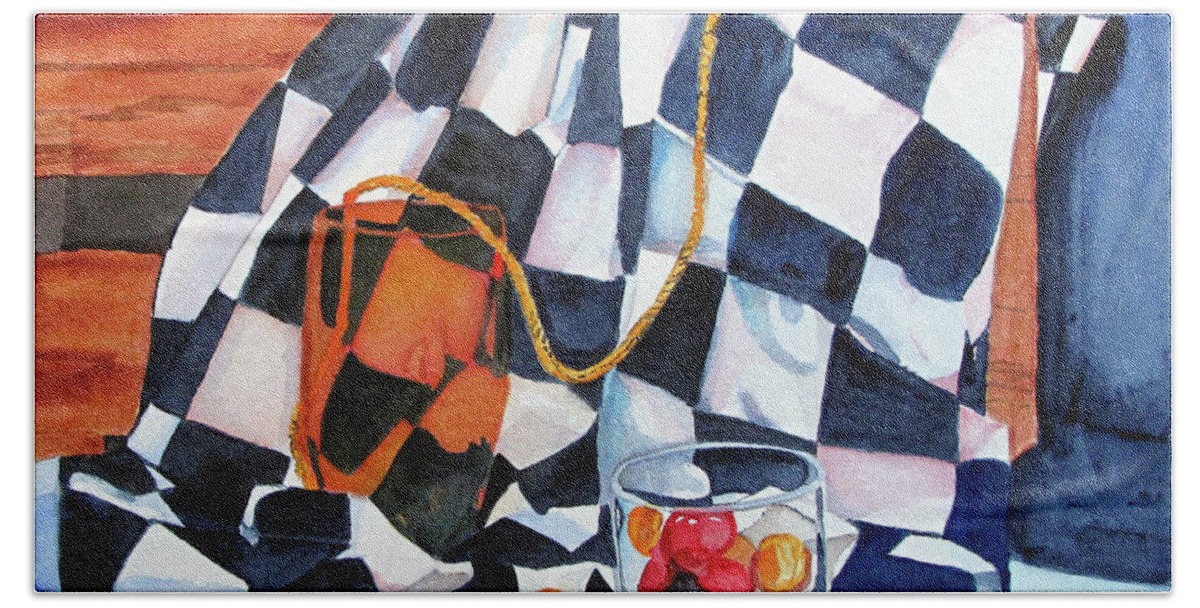 Still Life Beach Towel featuring the painting Still Life With Squares by Sandy McIntire