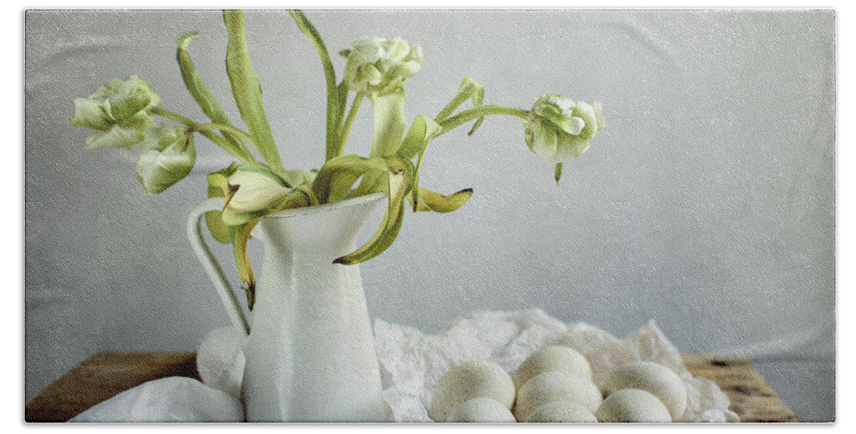 Still Life Beach Towel featuring the photograph Still Life with Tulips and Eggs by Nailia Schwarz
