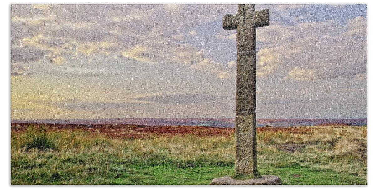 Young Ralph's Cross Beach Towel featuring the photograph Stone Cross on North York Moors by Martyn Arnold