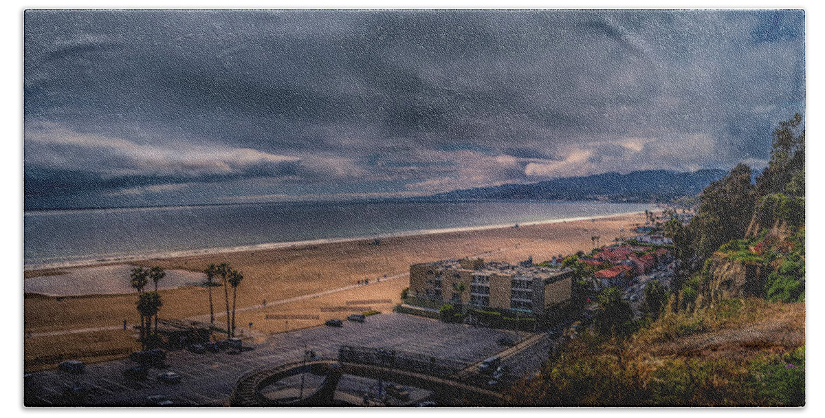 Sunset Beach Towel featuring the photograph Storm Watch Over Malibu - Panarama by Gene Parks
