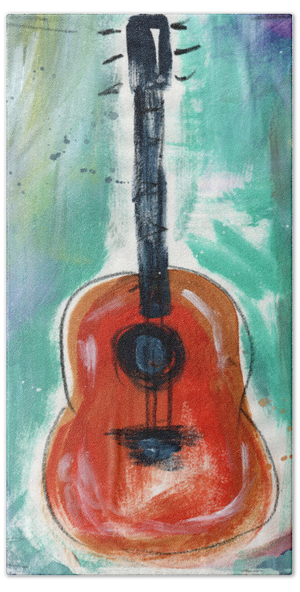 Guitar Beach Towel featuring the painting Storyteller's Guitar by Linda Woods