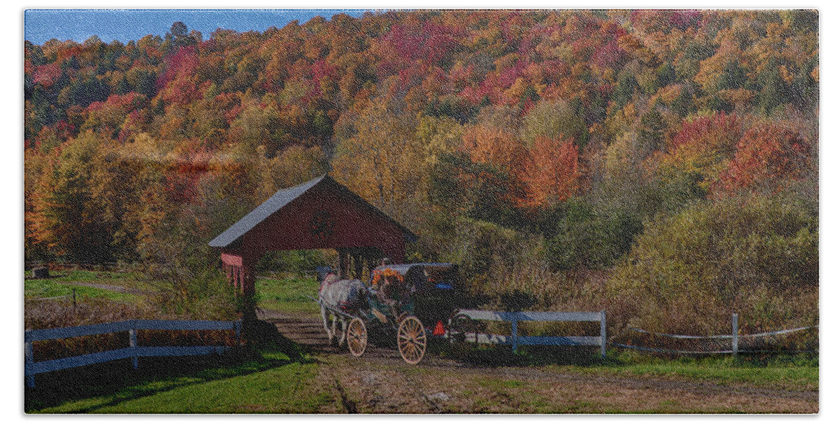 #jefffolger Beach Towel featuring the photograph Stowe Vermont carriage ride by Jeff Folger
