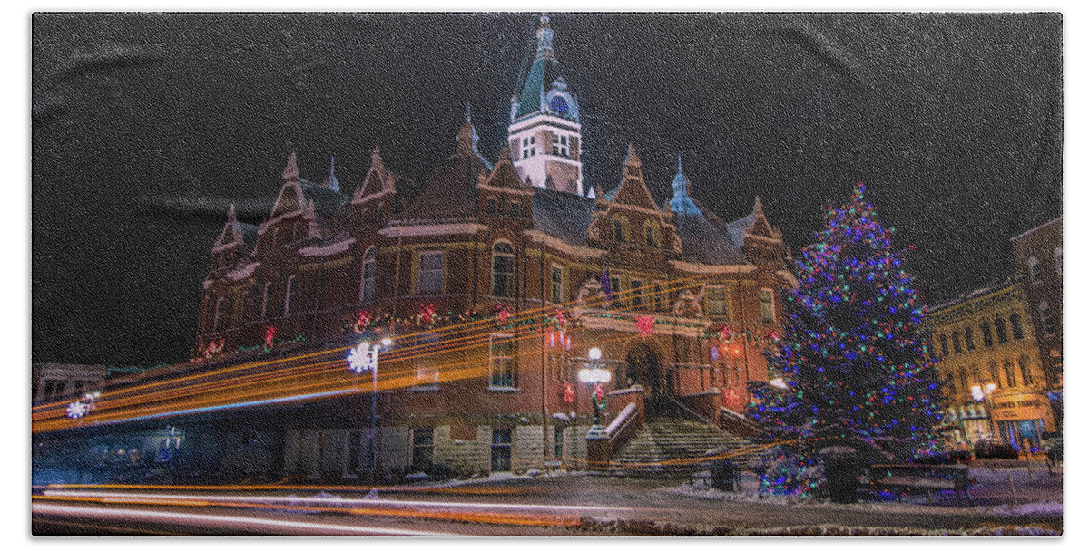 Stratford Beach Towel featuring the photograph Stratford City Hall at night during the holiday season by Jay Smith