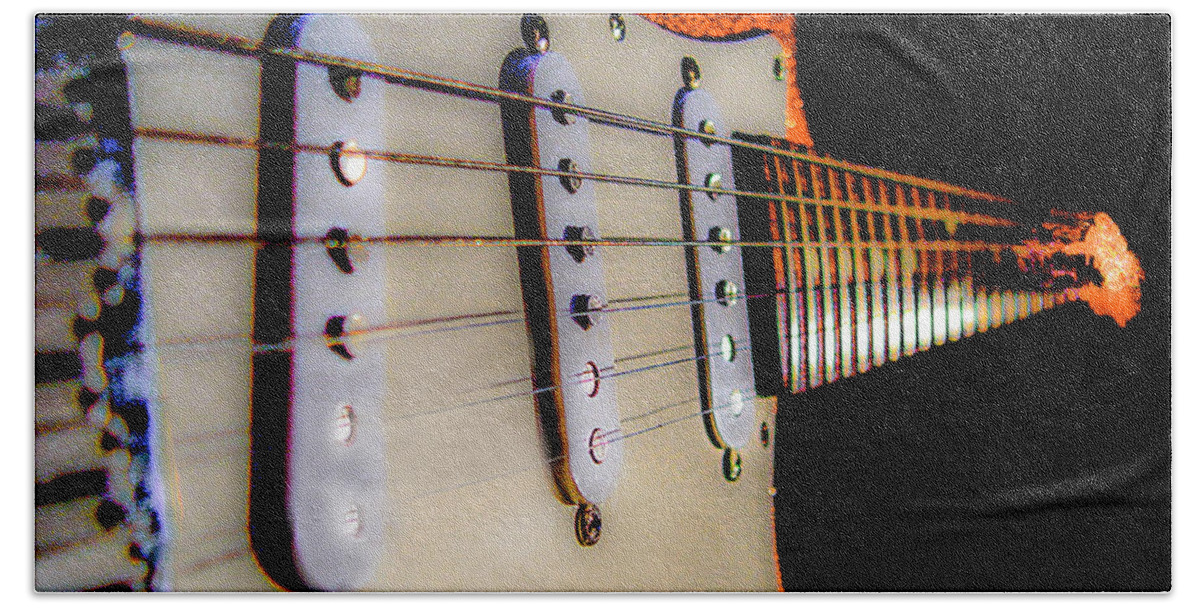 Guitar Beach Towel featuring the digital art Stratocaster Pop Art Tangerine Sparkle Fire Neck Series by Guitarwacky Fine Art