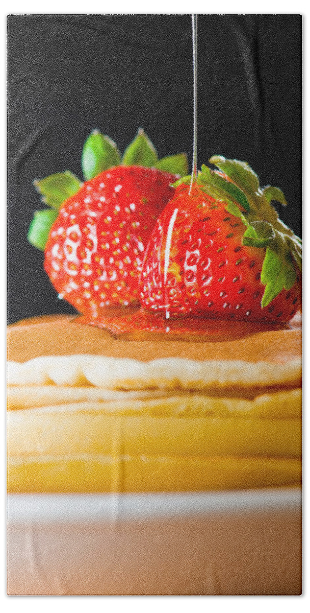 Berries Beach Towel featuring the photograph Strawberry butter pancake with honey maple sirup flowing down by U Schade
