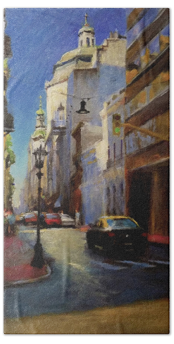 Landscape Beach Sheet featuring the painting Street Scene in Buenos Aires by Peter Salwen