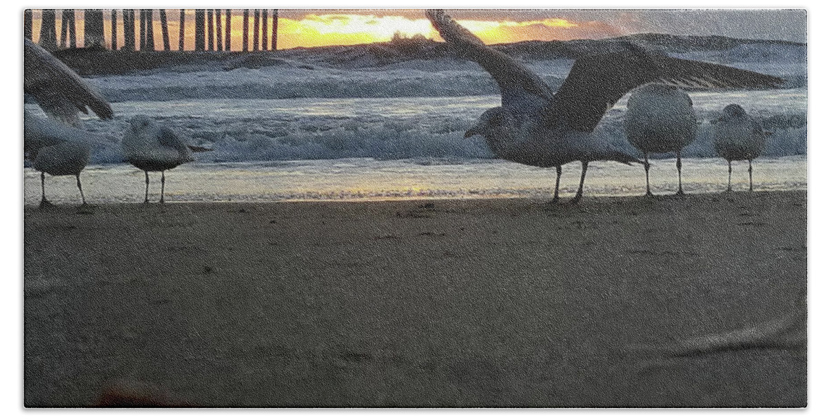Seagull Beach Sheet featuring the photograph Stretching At Sunrise by Robert Banach