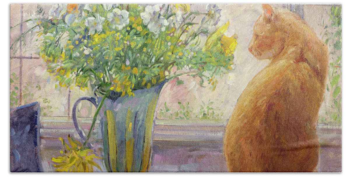 Ginger; Cat; Vase; Narcissi; Chicken; Pheasants Eye; Flower; Flowers ; Window; Open Window; Pheasant Beach Towel featuring the painting Striped Jug with Spring Flowers by Timothy Easton