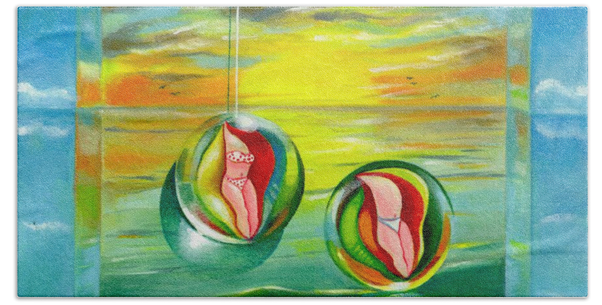 Surrealism Beach Towel featuring the painting Strollin Miami Beach at Sunset by Roger Calle
