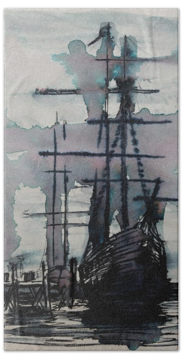 Sailing Ship Beach Towel featuring the drawing Study for Sailing Vessel Pandora by Vic Delnore