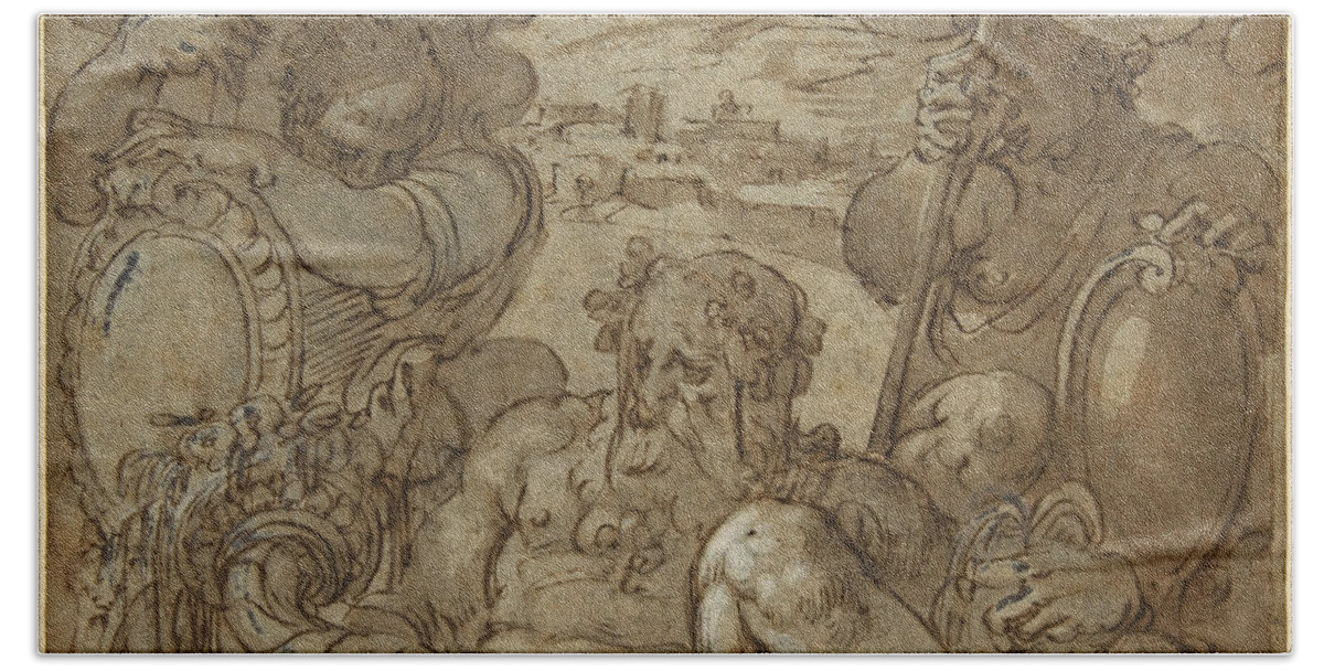 Jacopo Zucchi Beach Towel featuring the drawing Study for the Allegory of San Gimignano and Colle Val d'Elsa by Jacopo Zucchi