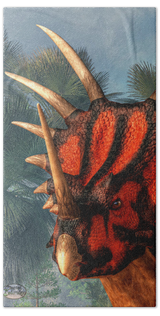 Styracosaurus Beach Towel featuring the digital art Styracosaurus Head by Daniel Eskridge