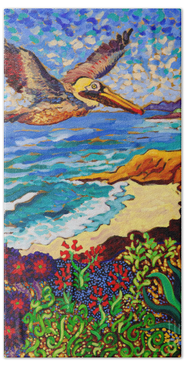 Pelican Beach Towel featuring the painting Succulent Pelican by Cathy Carey