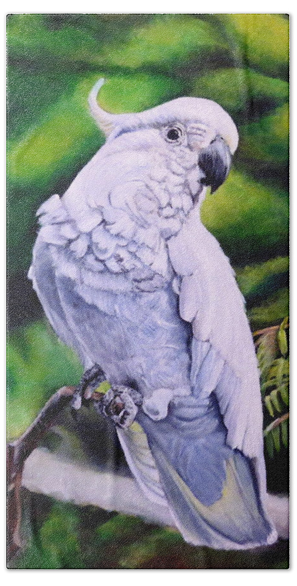 Parrot Beach Towel featuring the painting Sulphur-Crested Cockatoo by Marilyn McNish