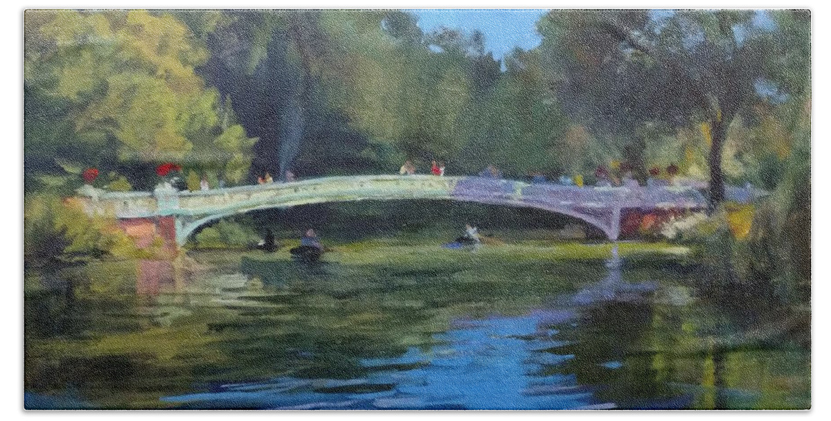 Landscape Beach Towel featuring the painting Summer Afternoon on The Lake, Central Park by Peter Salwen
