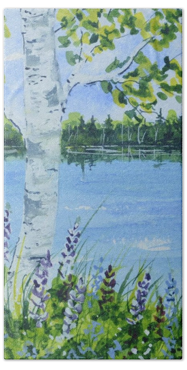 Birch Beach Towel featuring the painting Summer Birch by Kellie Chasse