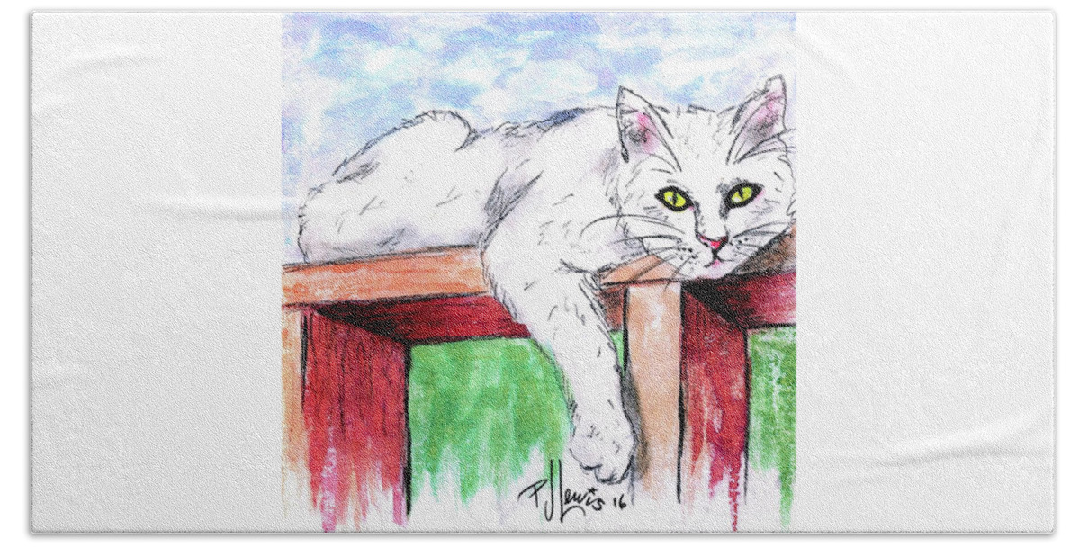 White Cat Beach Towel featuring the painting Summer Cat by PJ Lewis