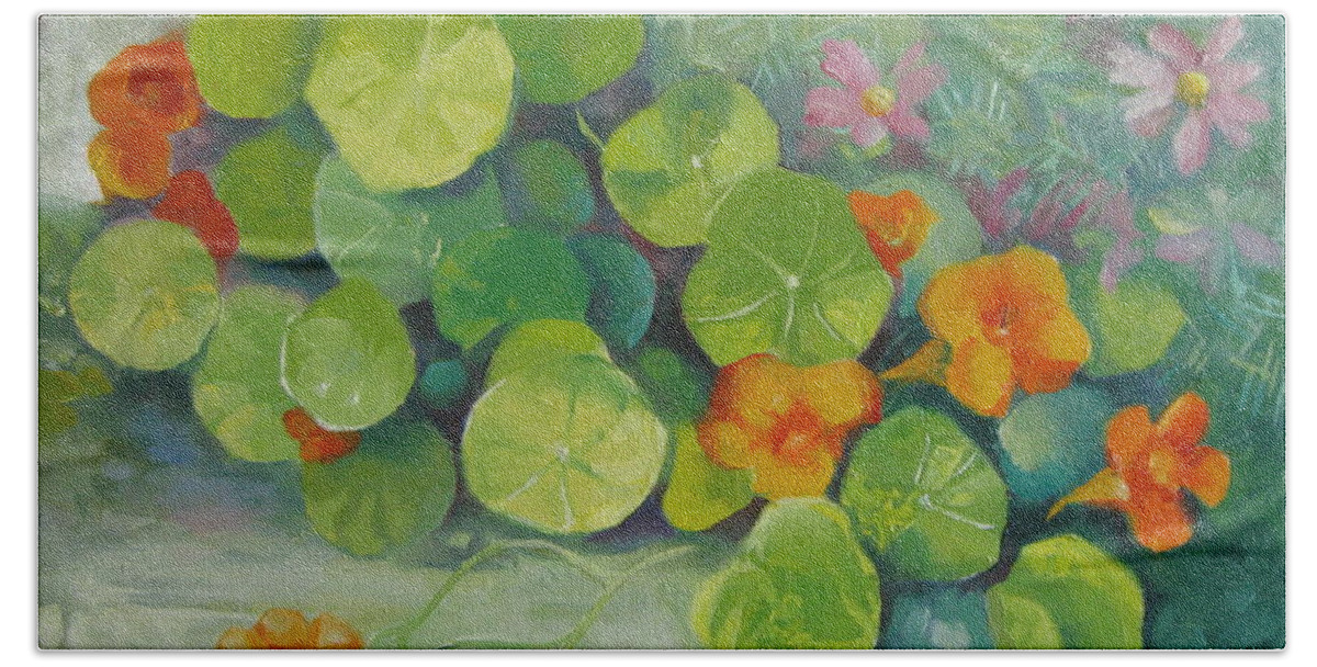 Nasturtiums Beach Towel featuring the painting Summer colors by Elena Oleniuc