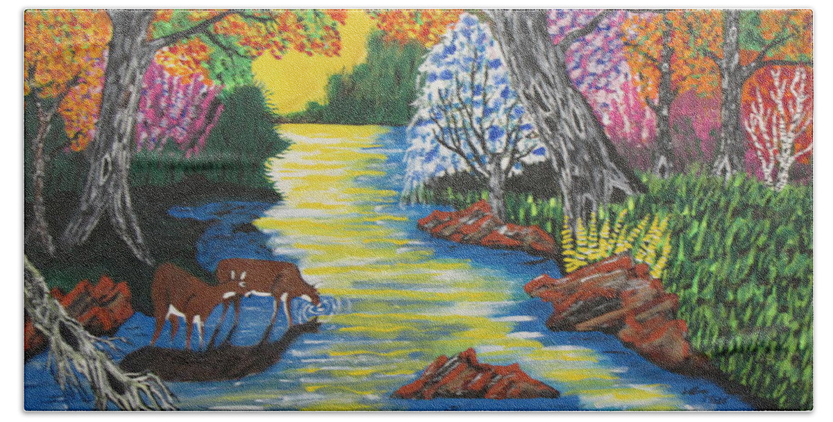 Art Beach Sheet featuring the painting Summer Deer Crossing by Jeffrey Koss