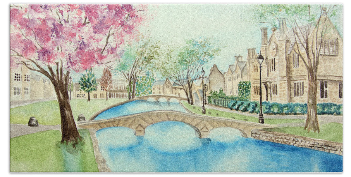 Villages Beach Towel featuring the painting Summer in Bourton by Elizabeth Lock