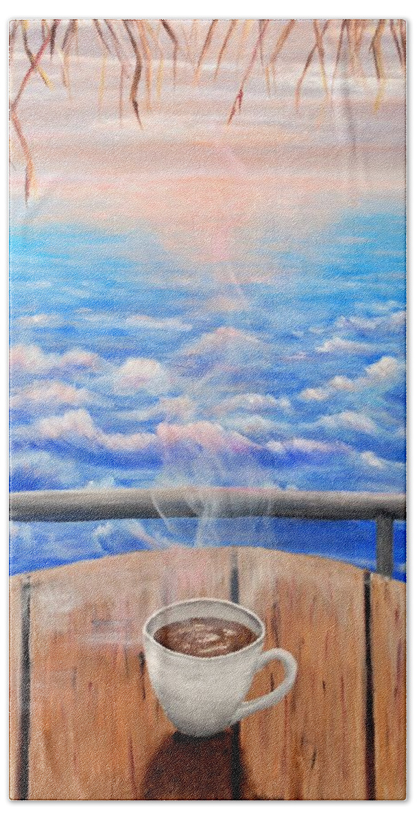 Coffee Summer Sea Bungalow Shadow Sunset Sunrise Sun Waves Cafe Horizon Straw Table Steam Hot Pin Blue Colorful Gray Cup Mug Art Acrylic Clouds Painting Turkish Coffee Beach Towel featuring the painting Summer Mood by Medea Ioseliani