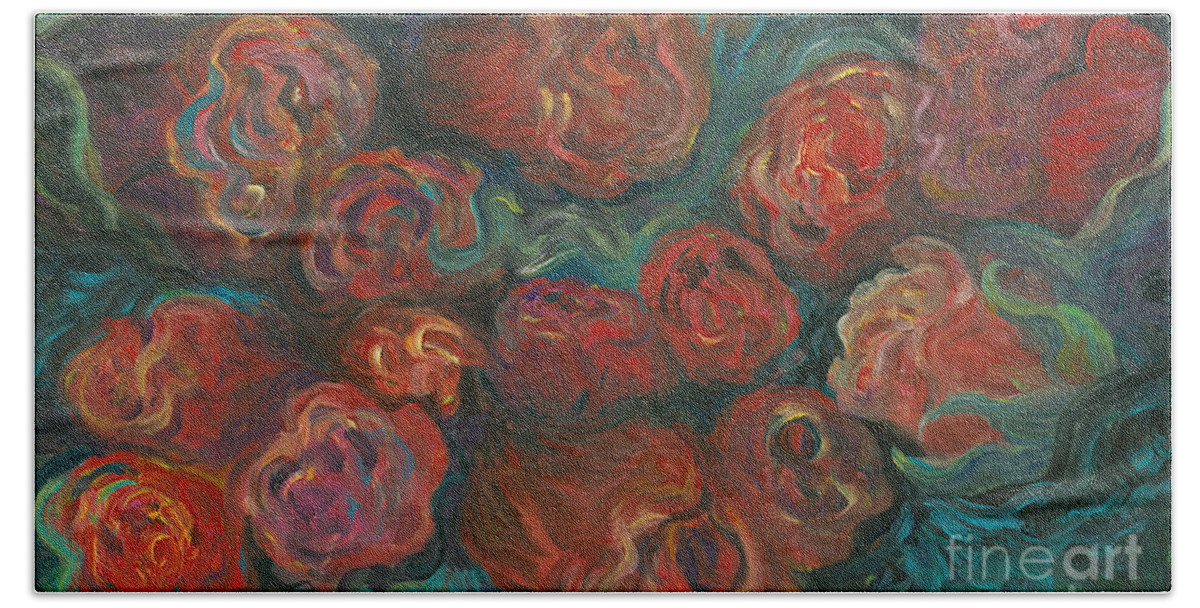 Red Beach Towel featuring the painting Summer Roses by Nadine Rippelmeyer
