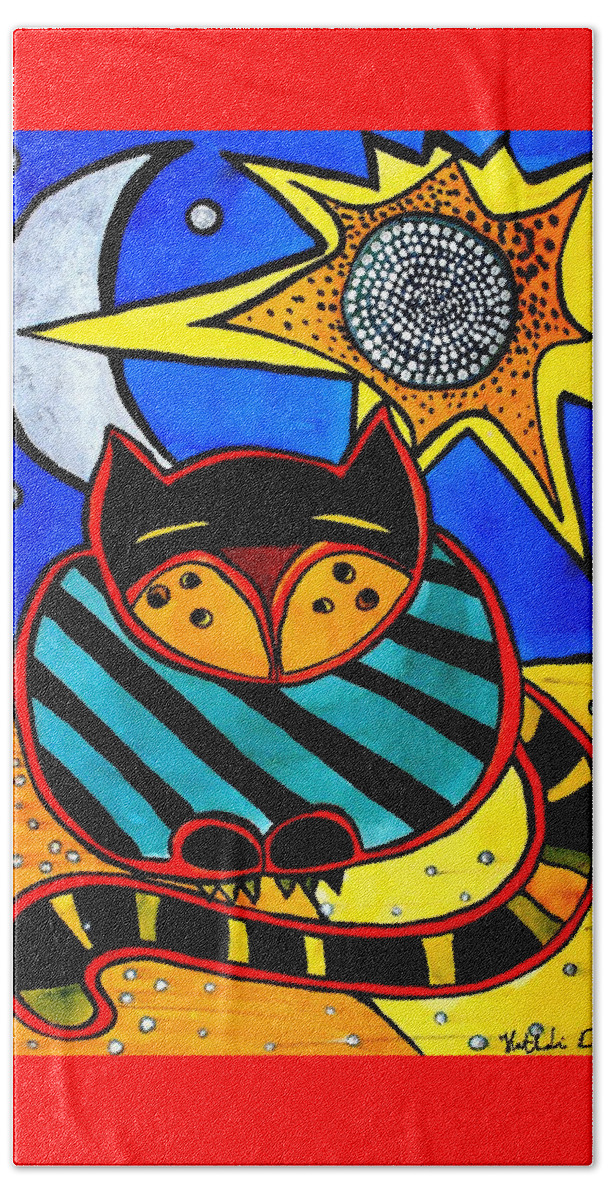 For Kids Beach Sheet featuring the painting Sun and Moon - Honourable Cat - Art by Dora Hathazi Mendes by Dora Hathazi Mendes