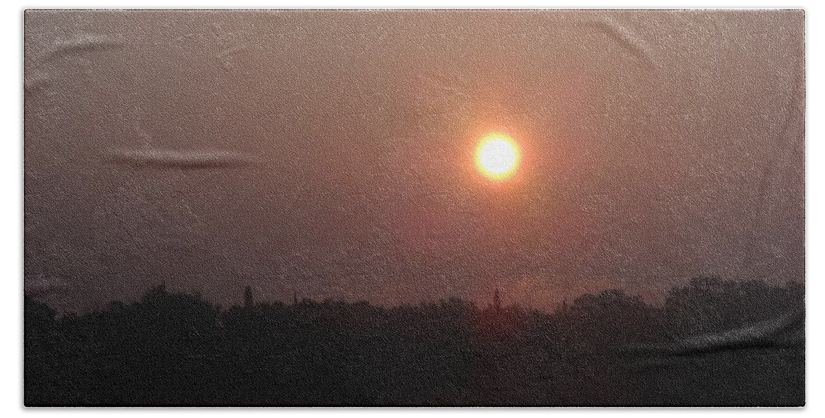 Sunrise Beach Towel featuring the photograph Sun burning off fog in June by Kent Lorentzen