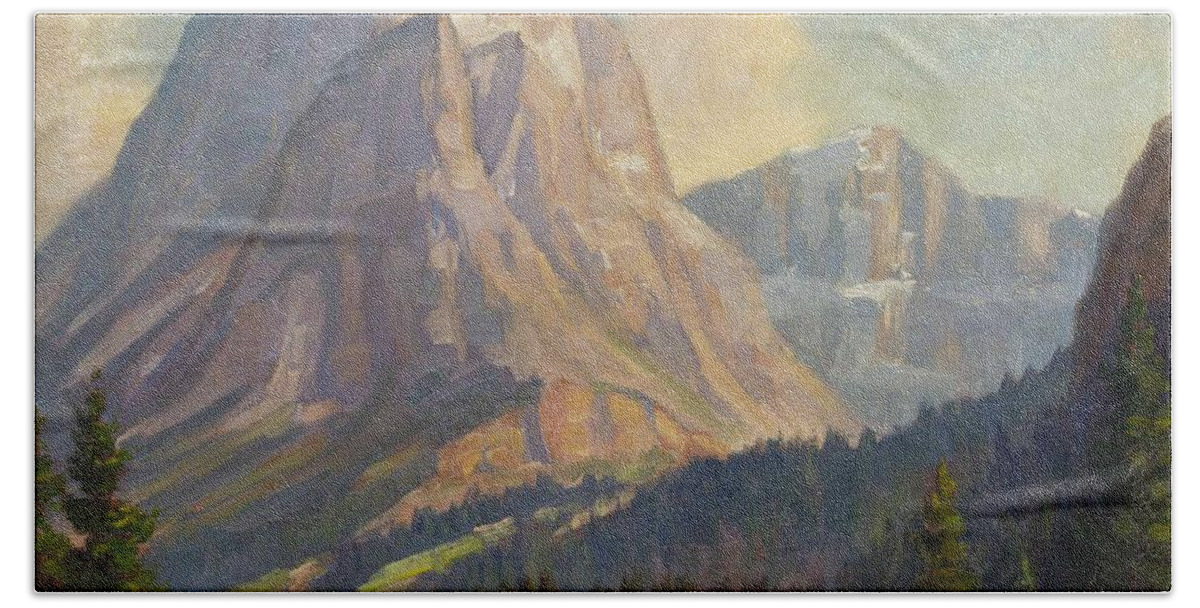 Harry Leonard Lopp(american Beach Towel featuring the painting Sun Mountain by Harry Leonard
