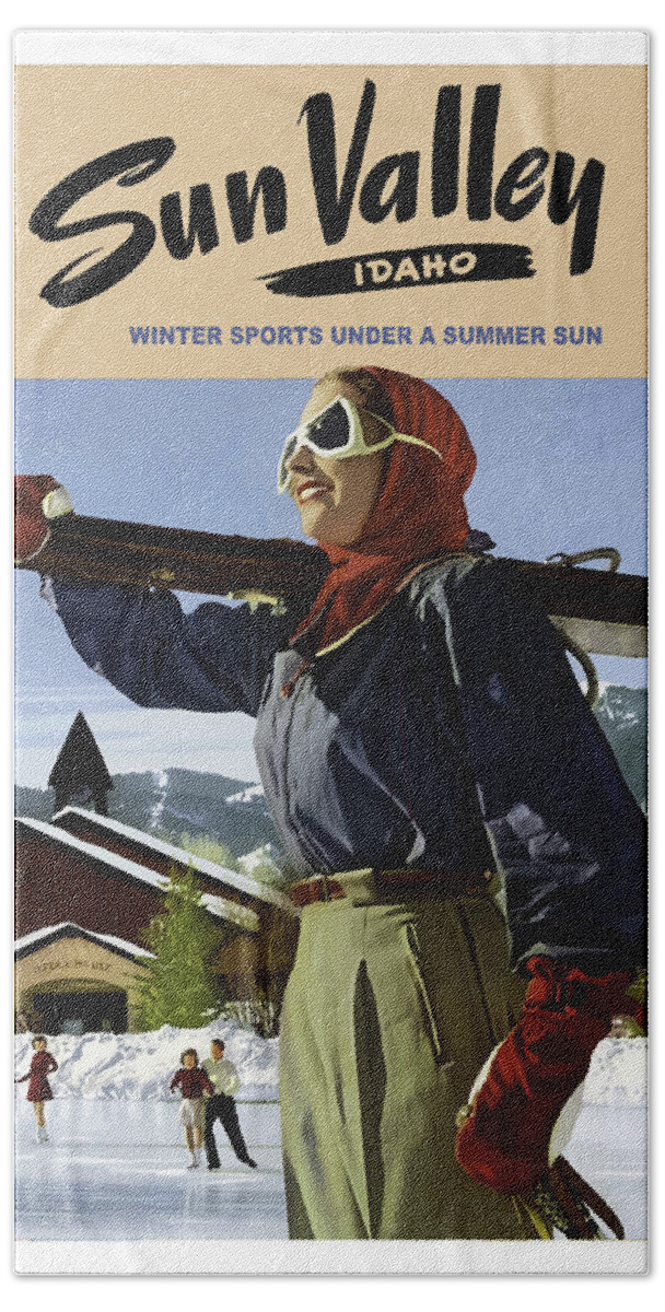 Sun Valley Beach Towel featuring the painting Sun Valley, Idaho, woman with ski by Long Shot