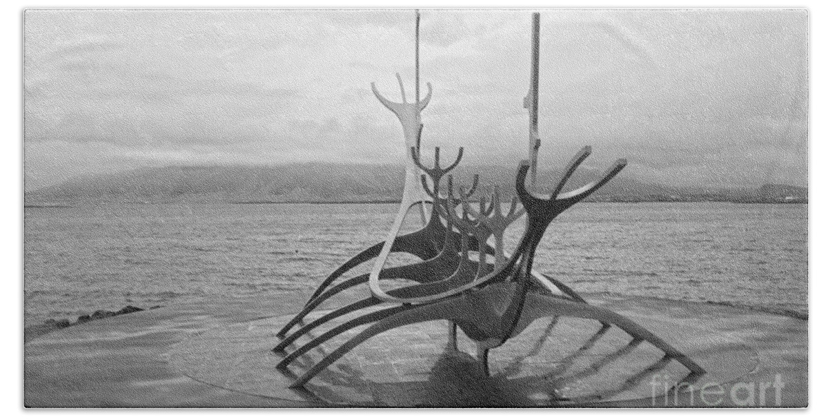 Sun Voyager Beach Towel featuring the photograph Sun Voyager, Reykjavik, Black and White by Catherine Sherman