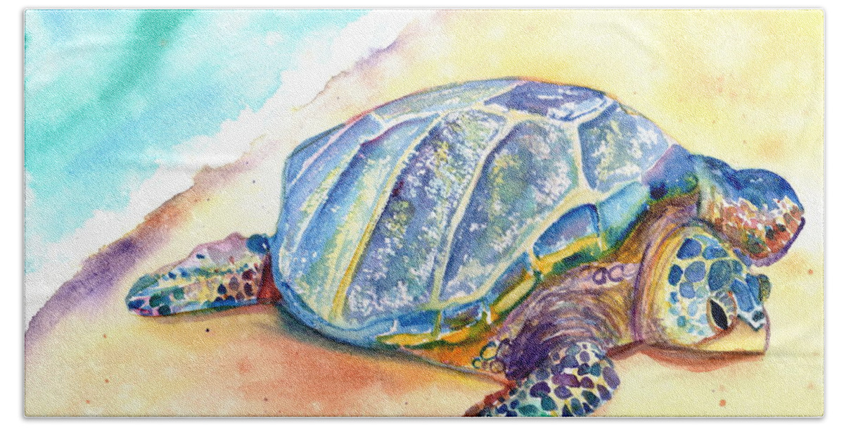 Turtle Painting Beach Towel featuring the painting Sunbathing Turtle by Marionette Taboniar