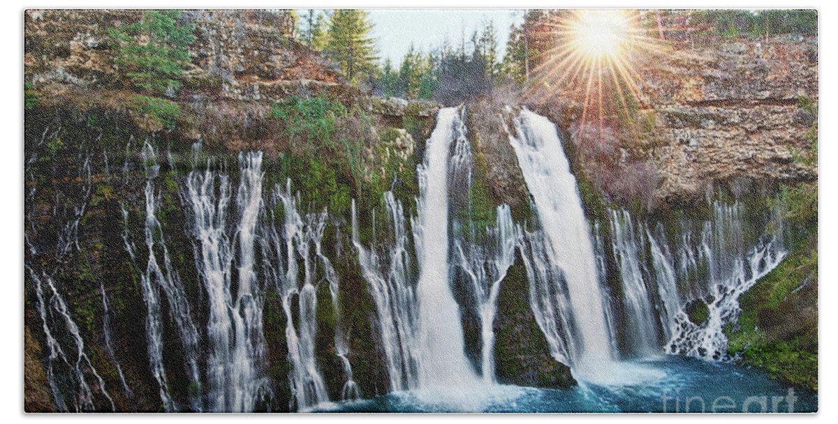 Burney Falls Beach Towel featuring the photograph Sunburst Falls - Burney Falls is one of the most beautiful waterfalls in California by Jamie Pham