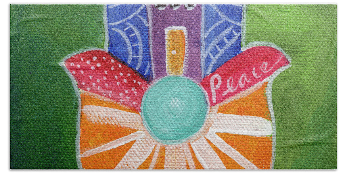 Hamsa Beach Towel featuring the painting Sunburst Hamsa by Linda Woods