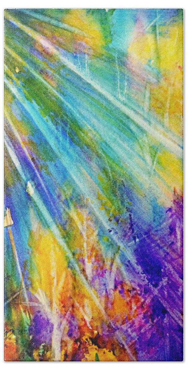Forest Beach Towel featuring the painting Psychedelic Forest Sunburst by Ellen Levinson