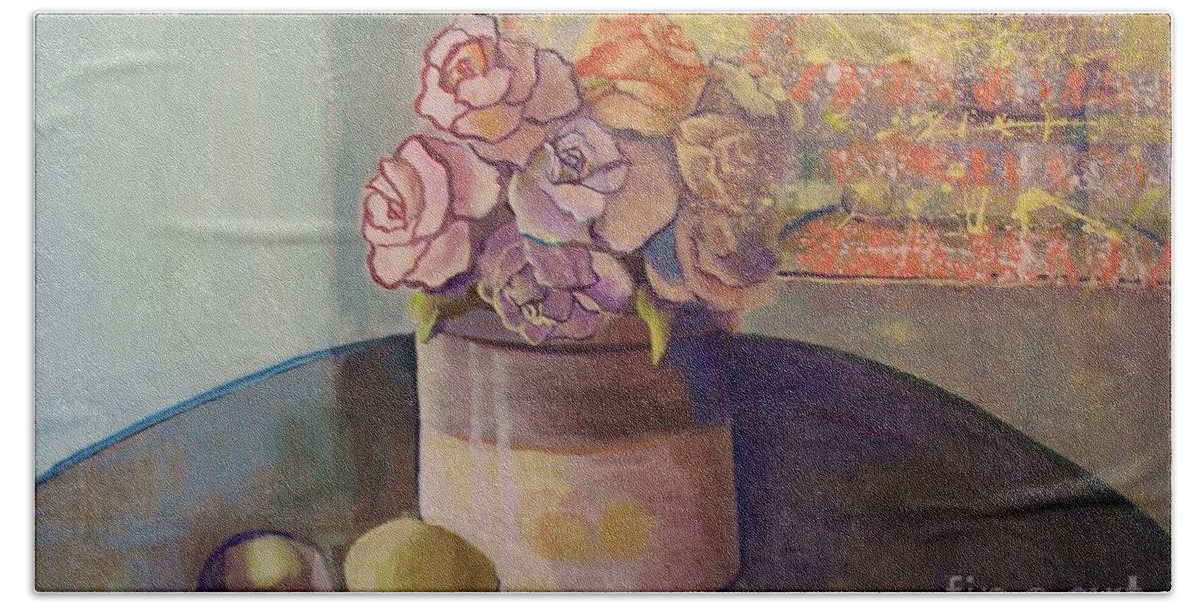 Still Life Beach Sheet featuring the painting Sunday Morning Roses Through the Looking Glass by Marlene Book