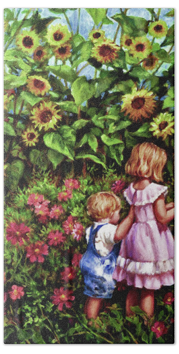 Children With Sunflowers Beach Towel featuring the painting Sunflower Garden by Marie Witte