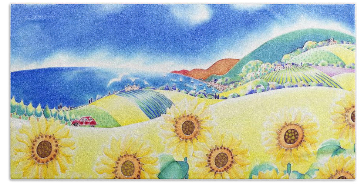 Sunflower Beach Towel featuring the painting Sunflower hills by Hisayo OHTA