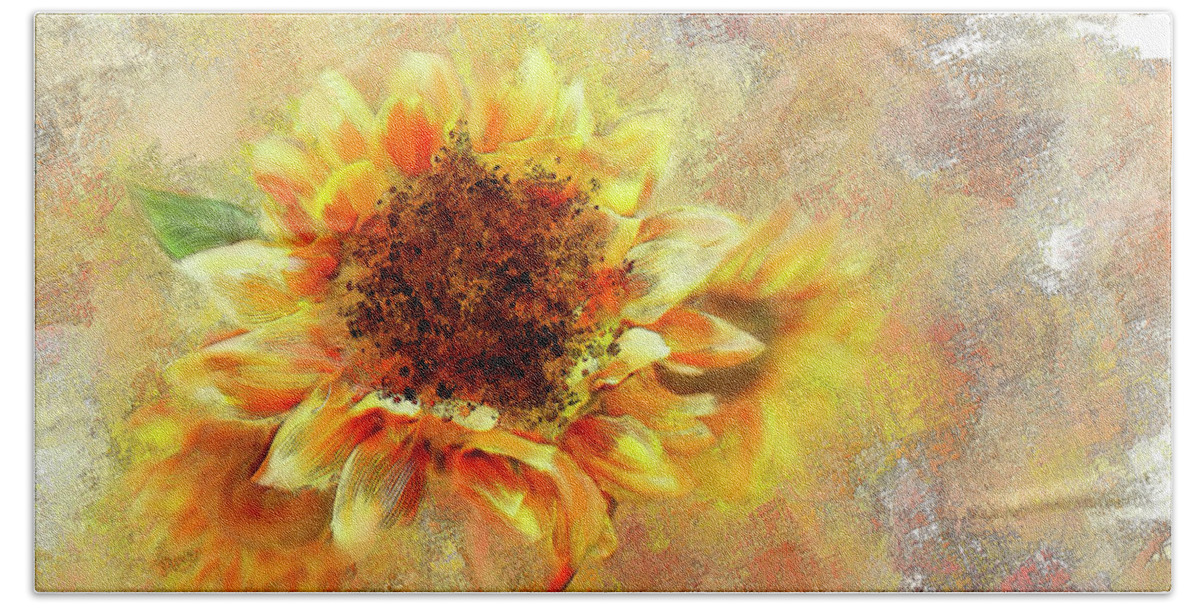 Sunflowers Beach Towel featuring the mixed media Sunflower On Fire by Mary Timman