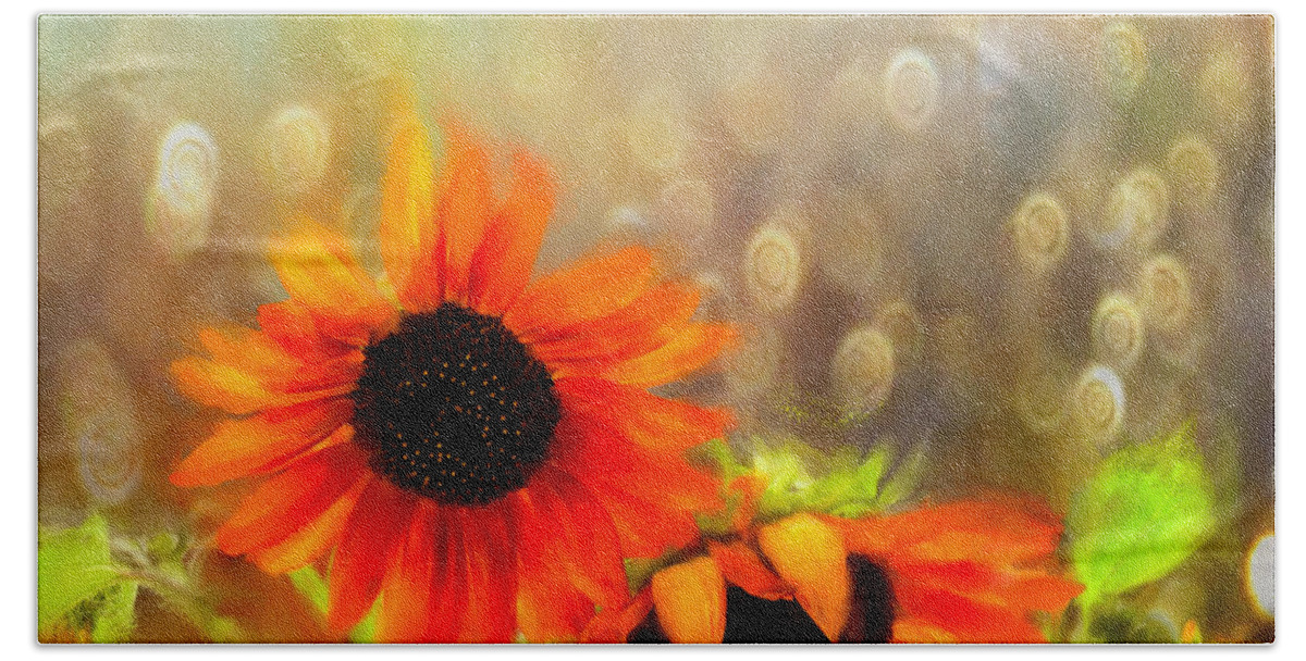 Floral Beach Towel featuring the digital art Sunflower Rain by Sand And Chi