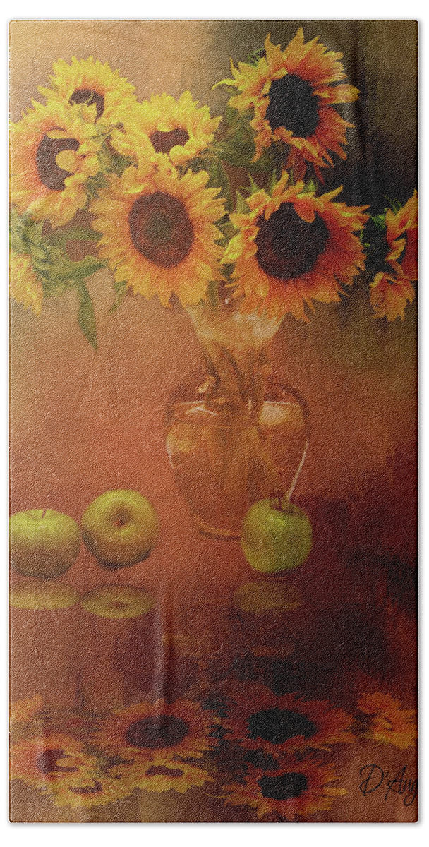Sunflowers Beach Sheet featuring the mixed media Sunflower Reflections by Theresa Campbell