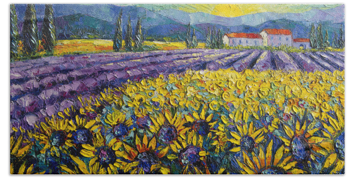 Sunflowers And Lavender Field The Colors Of Provence Beach Towel featuring the painting SUNFLOWERS AND LAVENDER FIELD - THE COLORS OF PROVENCE Modern Impressionist Palette Knife Painting by Mona Edulesco